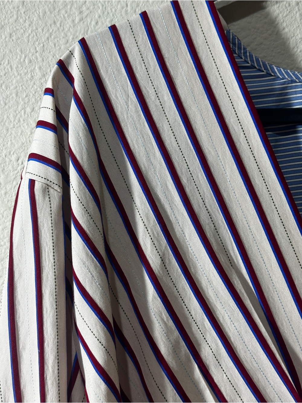 Sandro White Button-Down Dress  with Blue and Burgundy Stripes / size 42